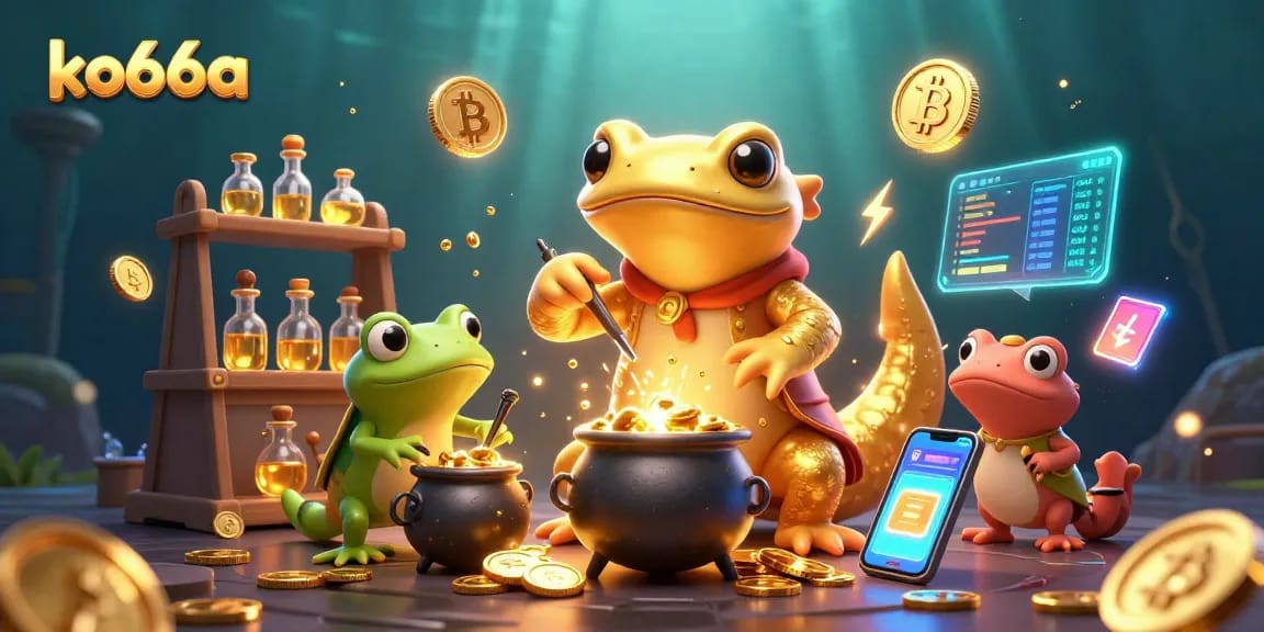 Experience the magical world of ko66a with a golden salamander alchemist amid sparkling gold coins.