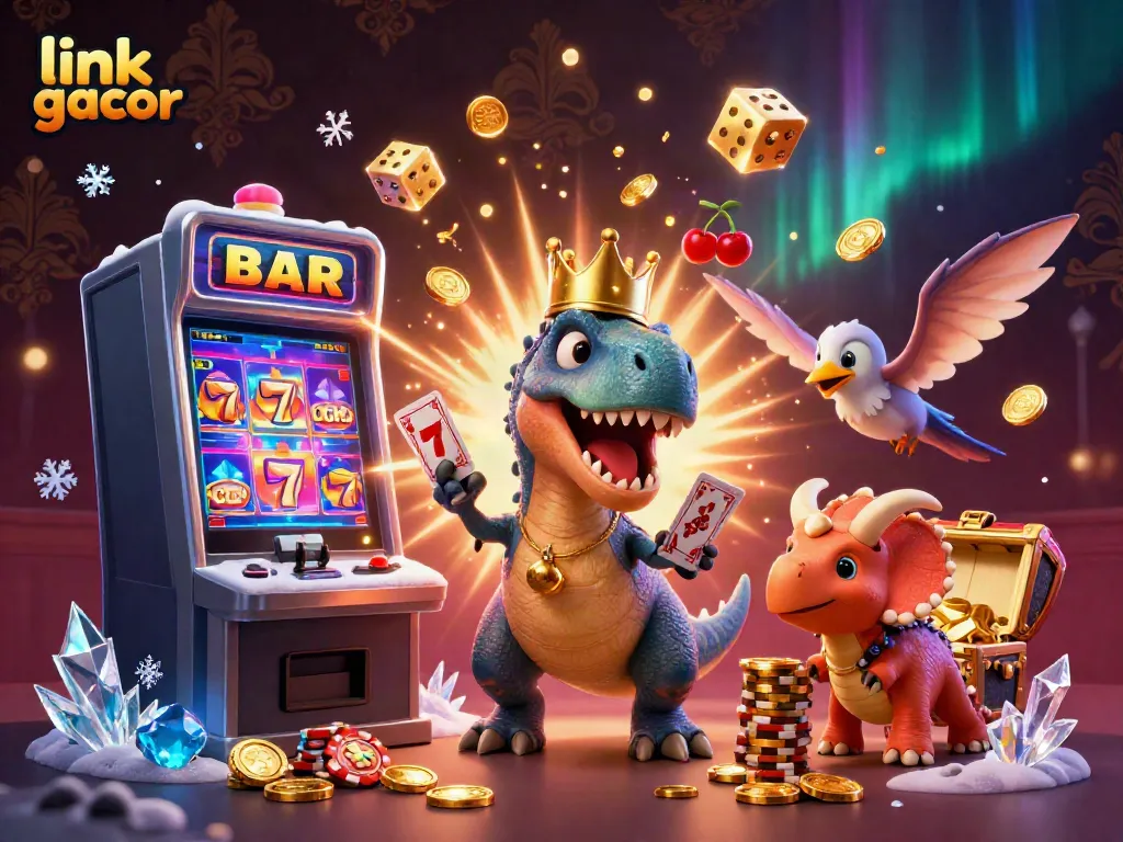 Engage with the exciting scene of a T-Rex shuffling cards and the jackpot explosion as "link gacor" shines, elevating your online casino experience.