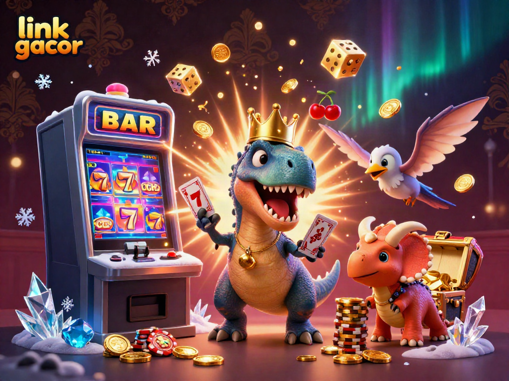 Engage with the exciting scene of a T-Rex shuffling cards and the jackpot explosion as "link gacor" shines, elevating your online casino experience.