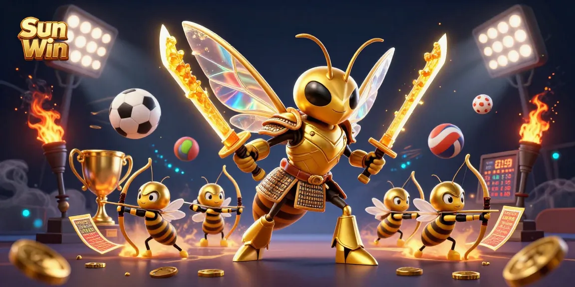 Sun Win showcases thrilling 3D casino elements with golden hornets and sports icons in a vibrant scene.