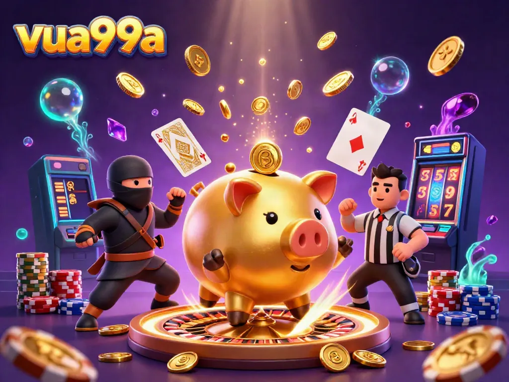 Experience the excitement of vua99a with a lively, golden casino-themed scene featuring engaging characters and dazzling game elements.