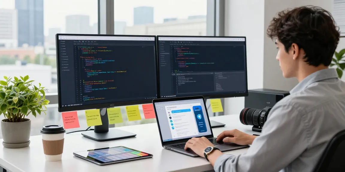 Interactive Telegram Web Version workspace with dual monitors, modern desk, and motivational tools, showcasing productivity and tech.