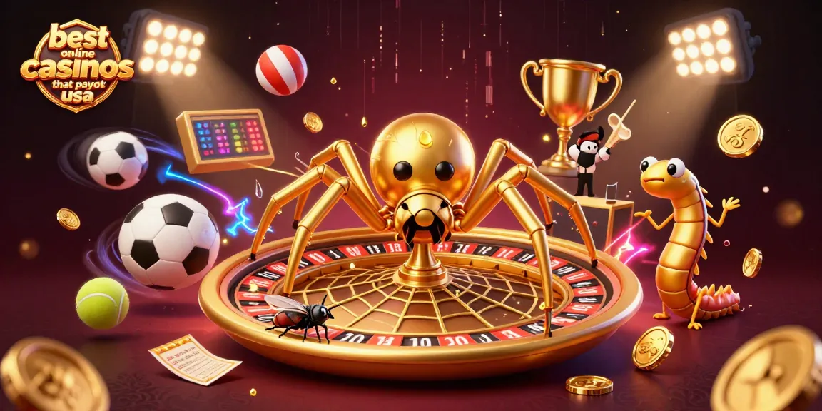 Engage with the best online casinos that payout USA, featuring a golden spider, a fly, and a centipede croupier amidst dynamic gaming elements.