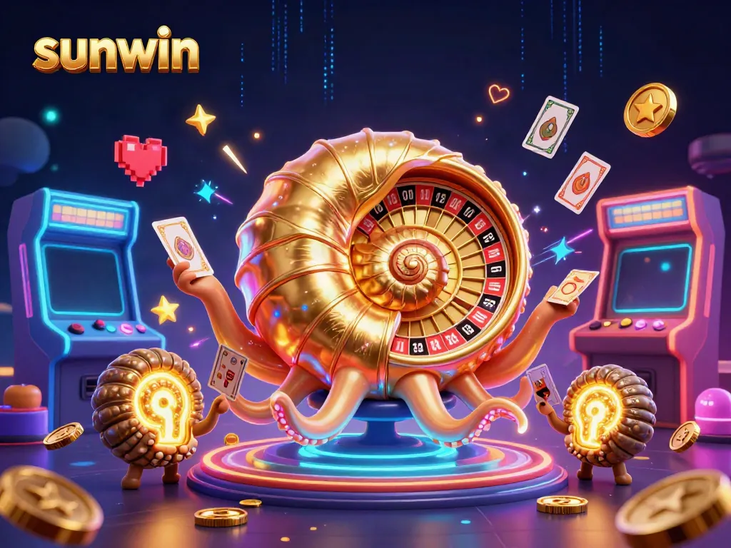 Experience thrilling gameplay with sunwin's vibrant casino-themed 3D illustration featuring an ancient nautilus and games.