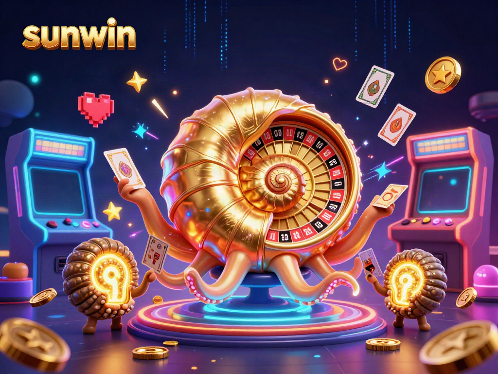 Experience thrilling gameplay with sunwin's vibrant casino-themed 3D illustration featuring an ancient nautilus and games.