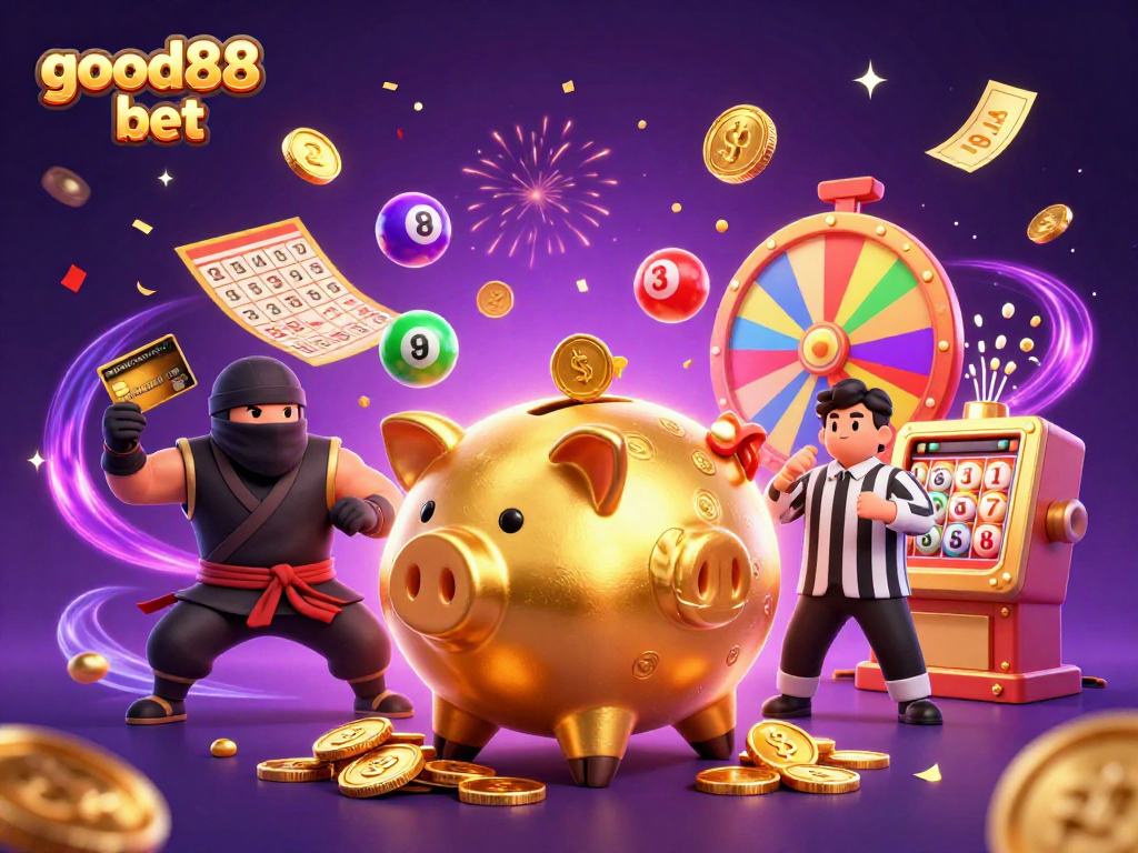 Engage in exciting gameplay with good88 bet while witnessing a whimsical 3D illustration of a golden piggy bank and friends.