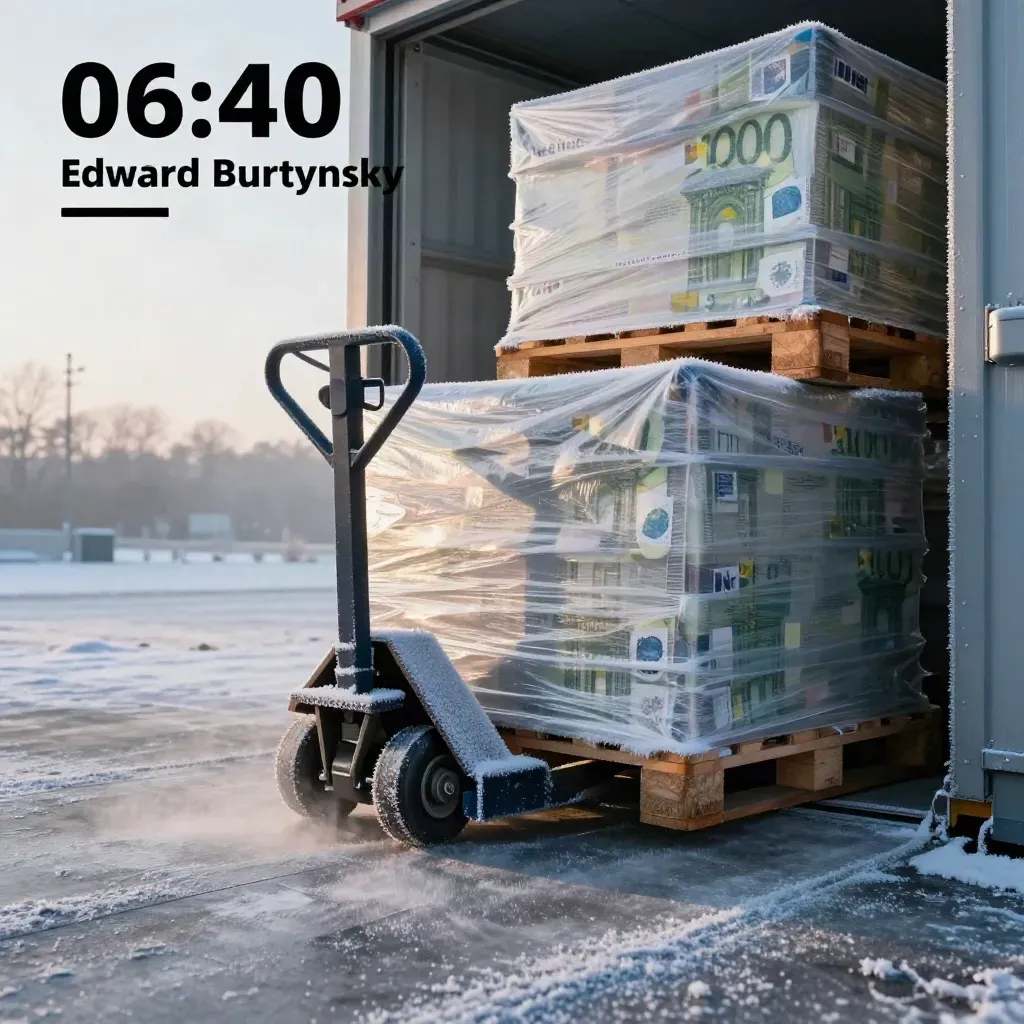 Palletwagen met ingepakte pallet in een koelmagazijn bij winterdageraad.