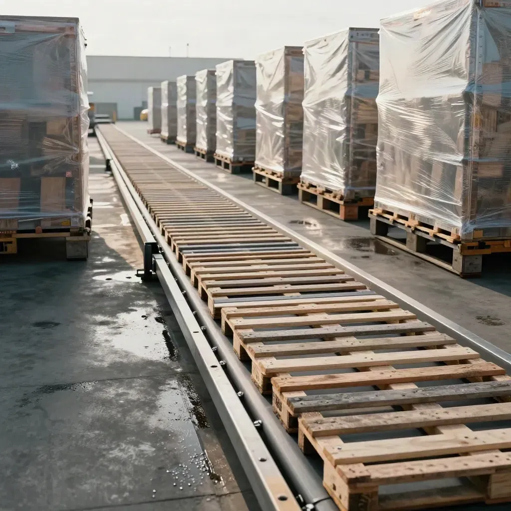 Open dok met pallets, rolbaan en koude condens in een magazijn