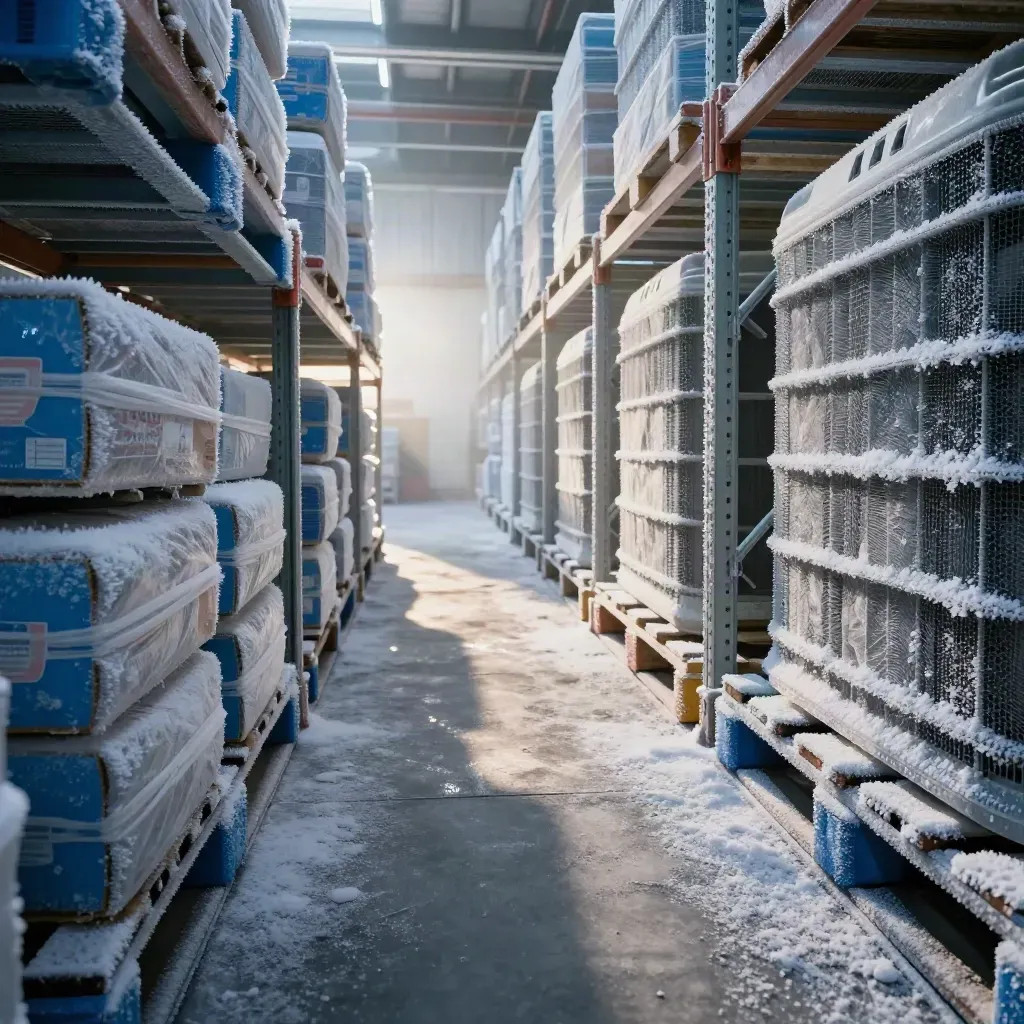 Vriezergang met bevroren voorraad op blauwe pallets en dikke rijp op stellingen.
