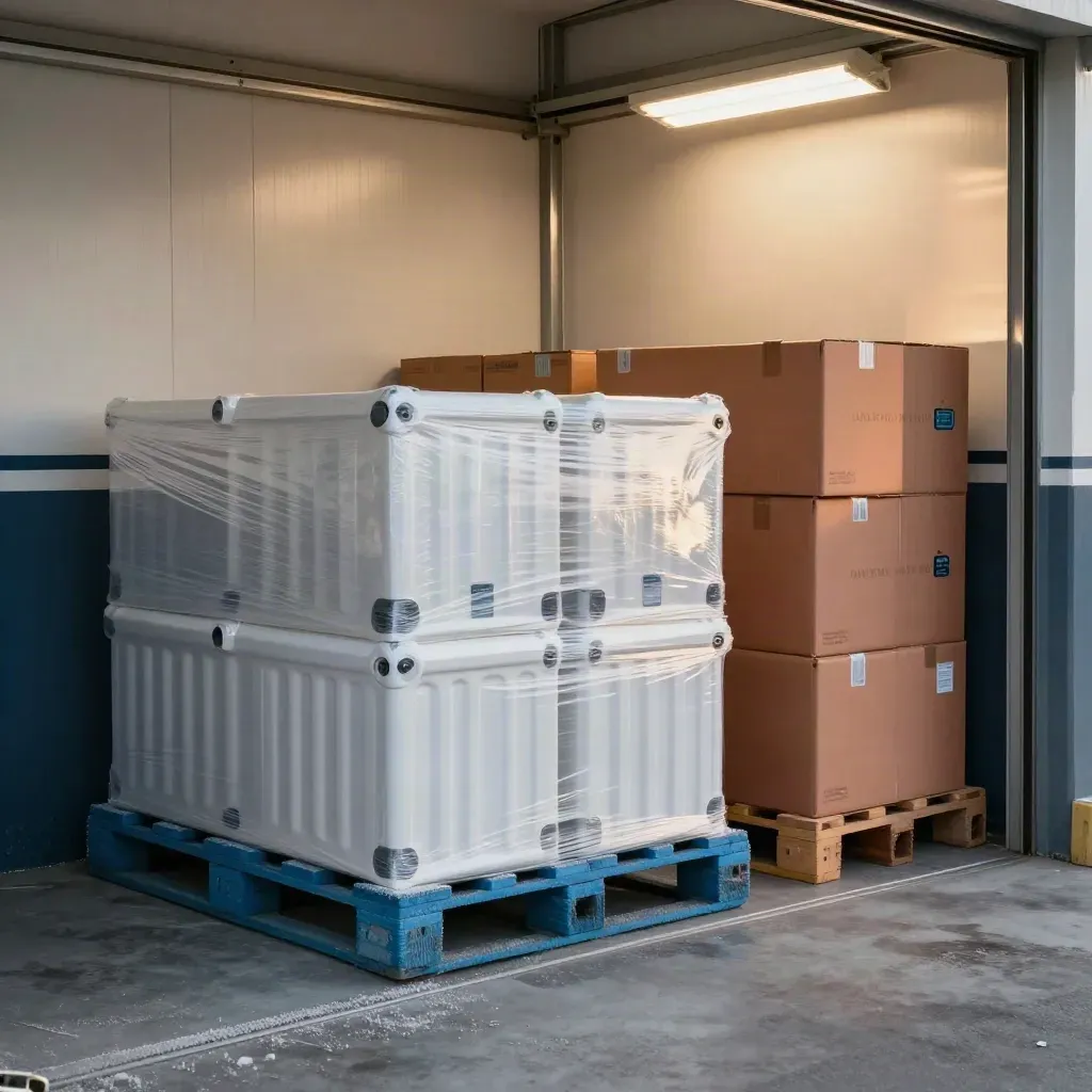 Gestapelde koelopslag in een korte huur koelruimte met geïsoleerde containers en ingepakte dozen.