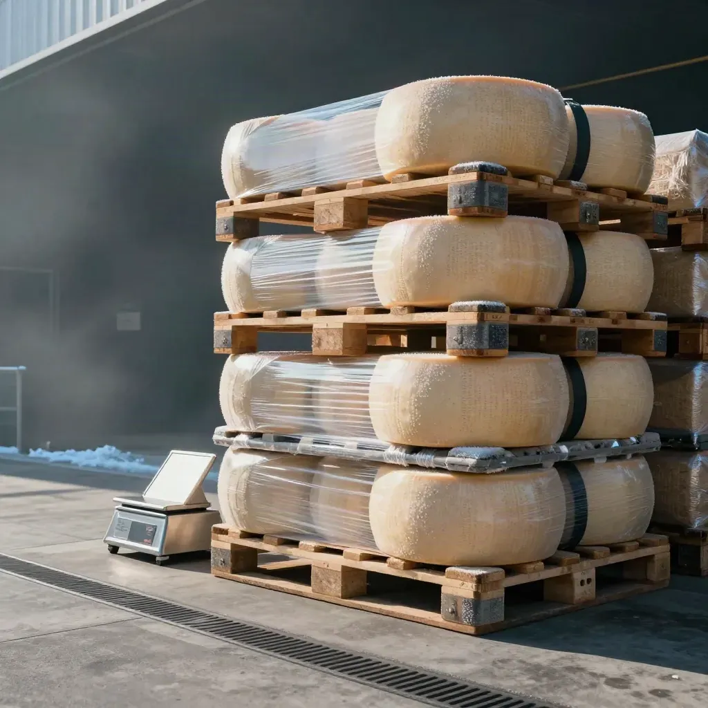 Gestapelde kaaspallets bij een koel losdock, klaar voor export, met weegschaal en koel glans.