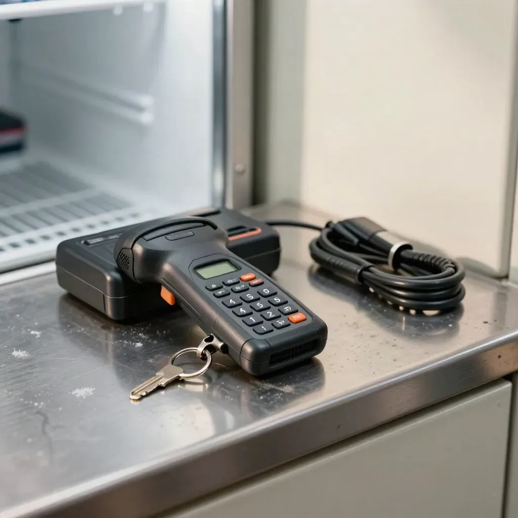 Scannerdock, batterij en warehousesleutel op staal in een koele logistieke setting.