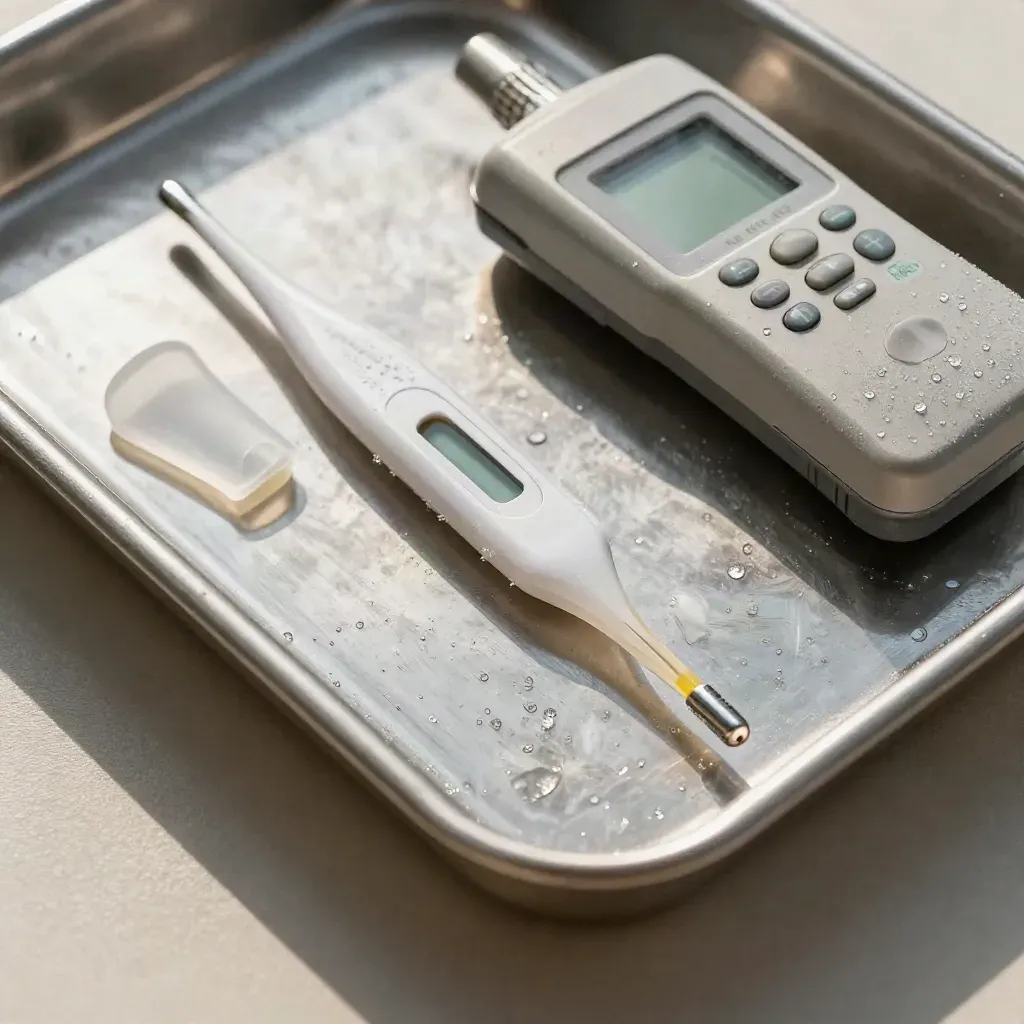 Bovenaanzicht van een probe-thermometer, datalogger en sensor op een bevroren stalen tray.