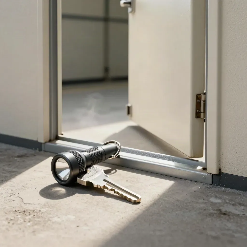 Keyfob, zaklamp en koelceldeur op een koude betonvloer
