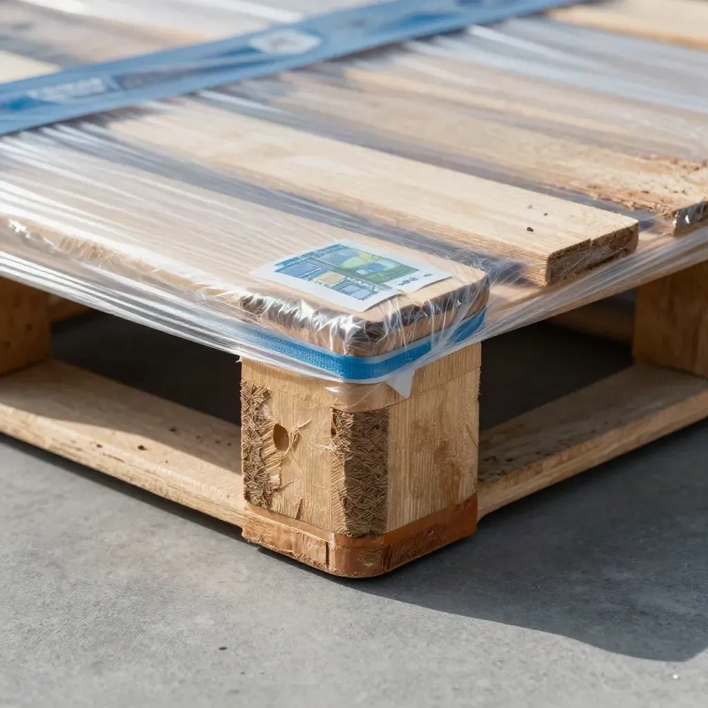 Palletcorner op vorktanden in koel magazijnlicht, klaar om gescand te worden
