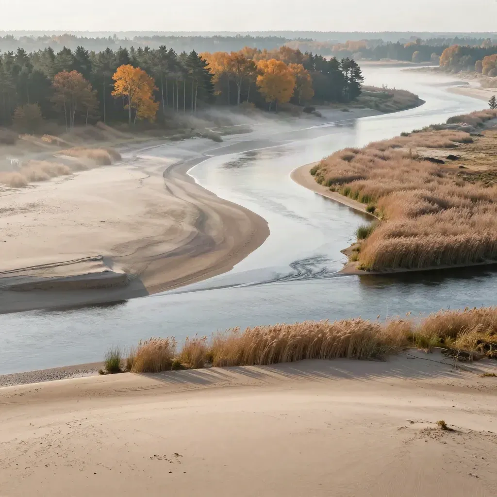Rivier met zandbanken en Veluwebos in zachte herfstmist