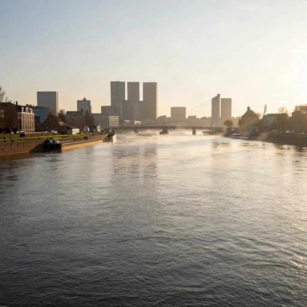 Rotterdamse skyline boven de Nieuwe Maas in gouden avondlicht, met bruggen en kalm water.