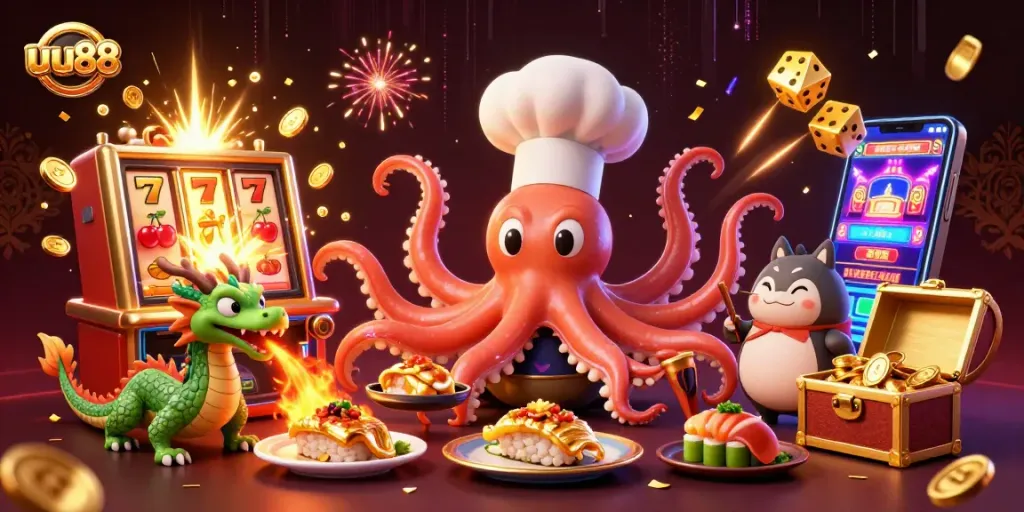 uu88 celebrates big wins with a vibrant scene featuring dynamic characters and casino elements.