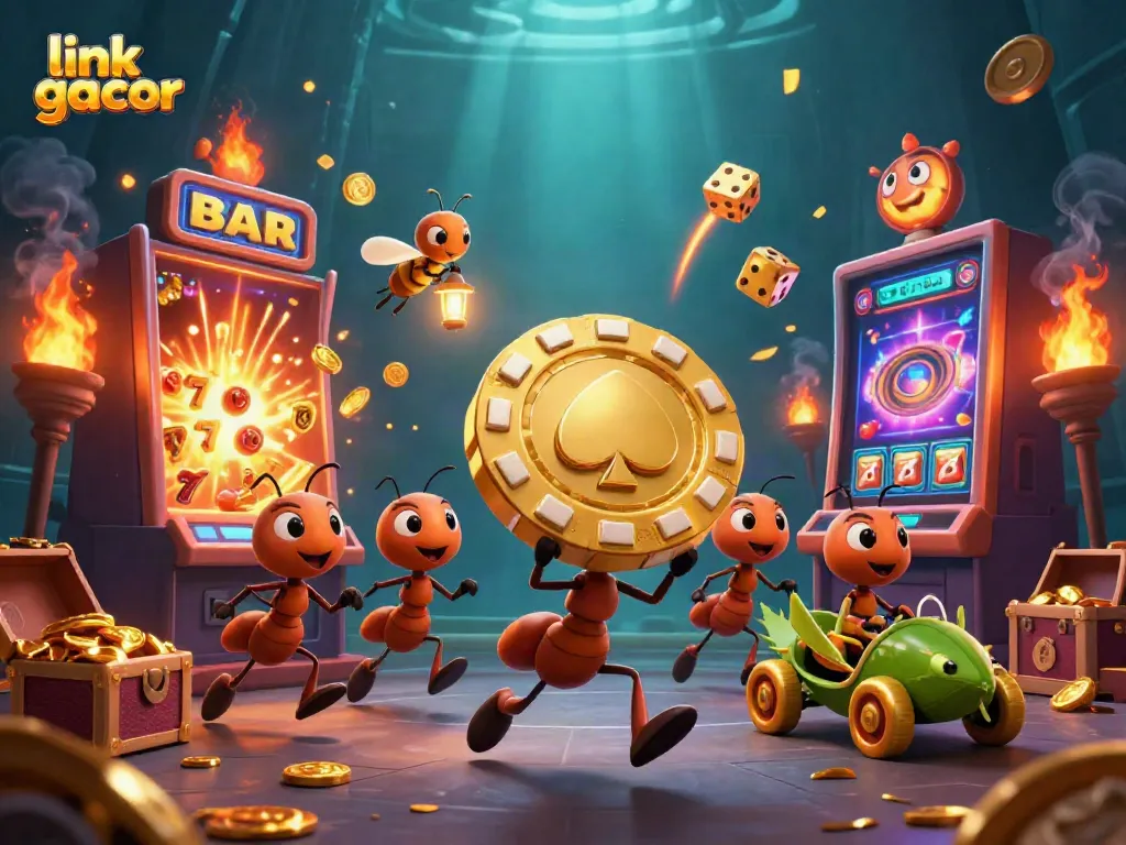 Engage with the exciting world of link gacor as vibrant cartoon ants heist a massive poker chip among slot symbols and gold treasures.