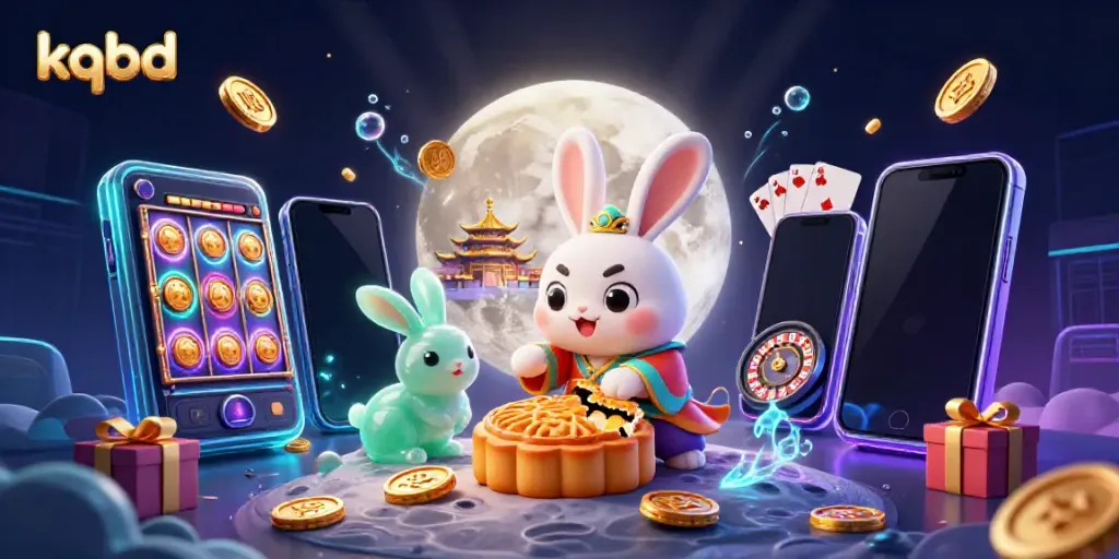 KQBD showcases a vibrant lunar-themed gambling scene with poker chips and golden mooncakes.