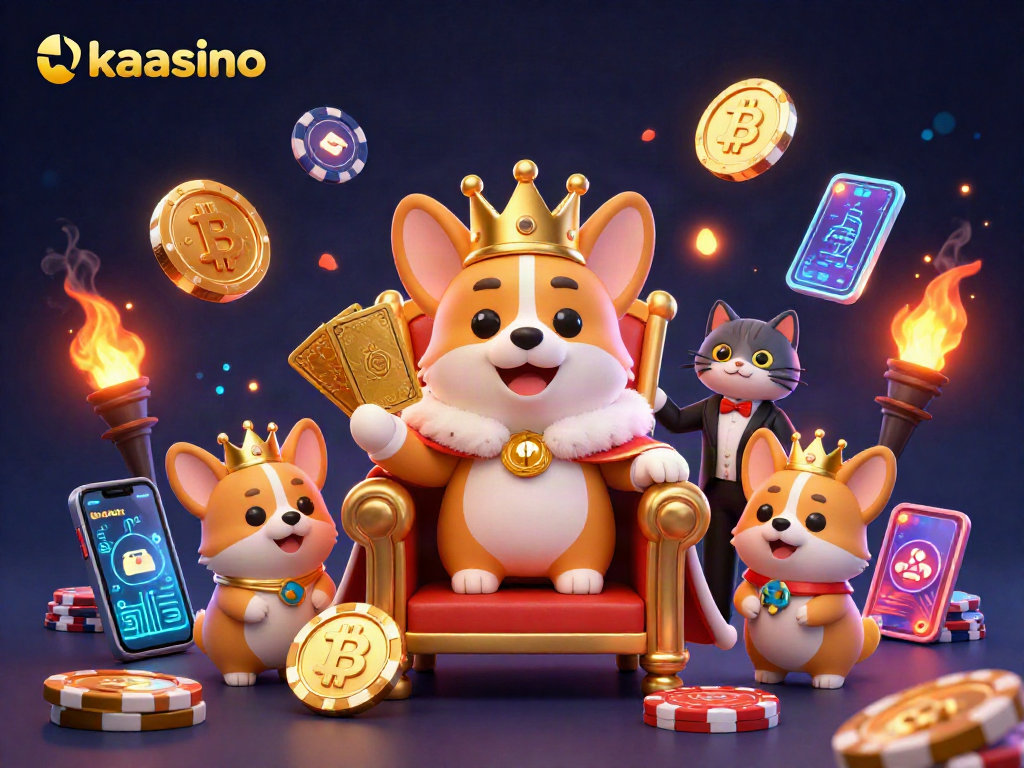 Experience winnings at kaasino with a vibrant 3D illustration featuring gaming royalty and crypto elements.