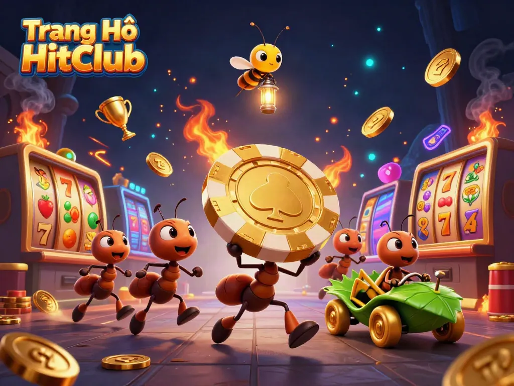 Engaging scene showcasing Trang Chủ HitClub with cartoon ants on a heist amidst colorful slot machines and golden elements.